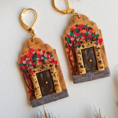 Handmade Polymer Clay Architecture Earrings: Pink Floral Landscape Jewelry