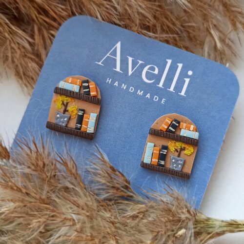Miniature Bookcase Stud Earrings: Handmade Polymer Clay Studs; Bookworm Gift