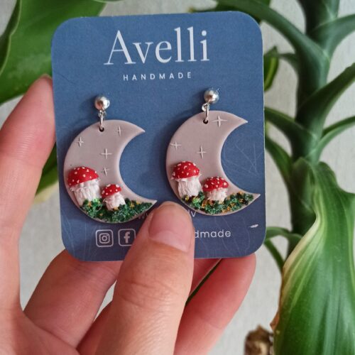 Handmade Mushroom Moon Earrings: Polymer Clay Cottagecore Jewelry