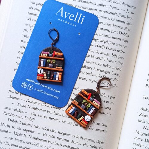 Brown Book Earrings: Polymer Clay Miniature Bookshelf - Reader Gift