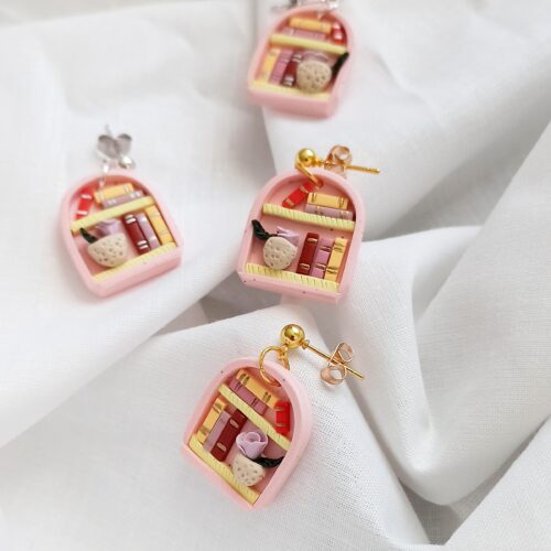 Pink Bookshelf Earrings: Handmade Polymer Clay Book Lover mini dangles