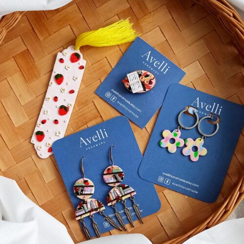 Book Lover Gift Set: Handmade Earrings, Brooch, Bookmark