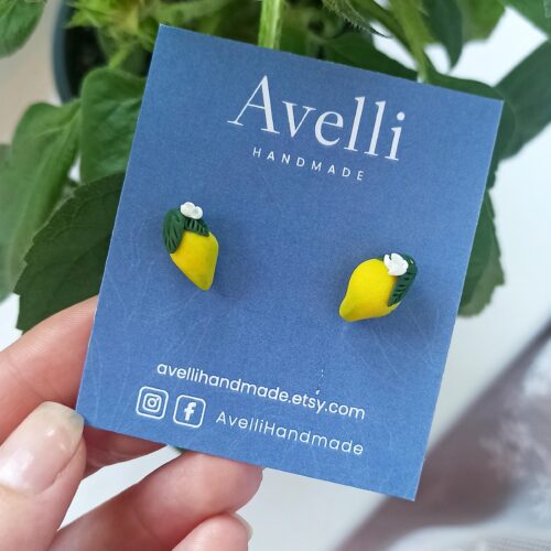 Lemon Polymer Clay Stud Earrings: Miniature Fruit, Handmade Jewelry