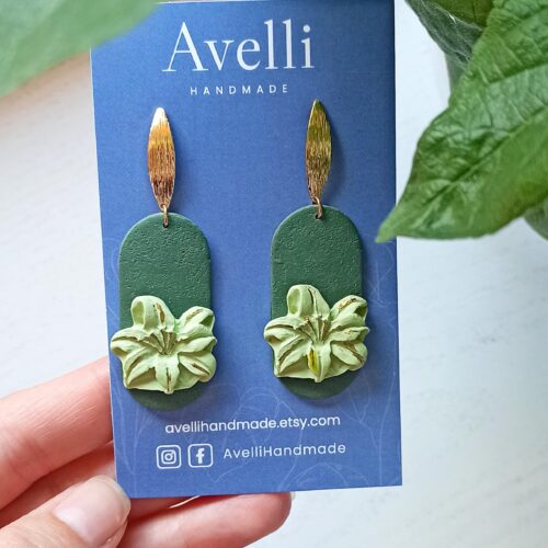 Handmade Green Lily Polymer Clay Earrings: Botanical Statement Jewelry