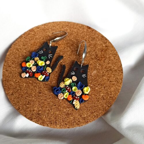 Black Cat Halloween Earrings: Polymer Clay Flowers & Mushrooms